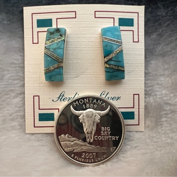❤️ Zuni Mojave Turquoise & Lab Opal Inlaid Earrings 925 Native Signed “8M” - Picture 8 of 8